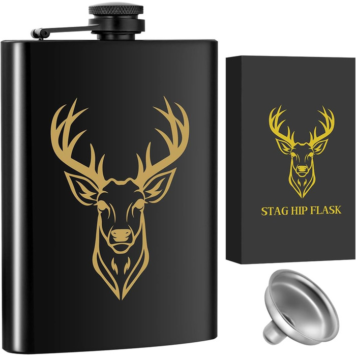 Фляга туристична 237мл з нержавіючої сталі, з воронкою та листівкою, подарункова коробка, з візерунком 'Золотий олень'