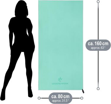 Рушник з мікрофібри Legendwerk® 160x80 см – швидковисихаючий, компактний, для подорожей, фітнесу, міста та відпочинку на природі – легкий, стильний, з сумкою та петлею для підвішування, 1 шт. (Турквіс)
