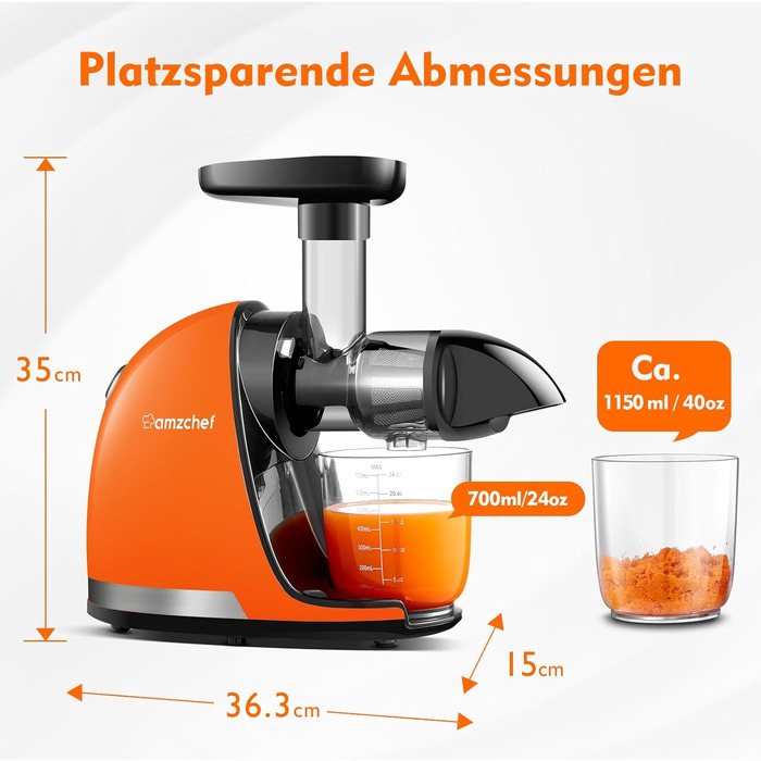 AMZCHEF Juicer for Vegetables and Fruits - Test Winner - Slow Juicer with Reverse-Masticating Function - Gentle Crushing Without Filtering - Electric Juice Press with Brush and 2 Cups - Orange