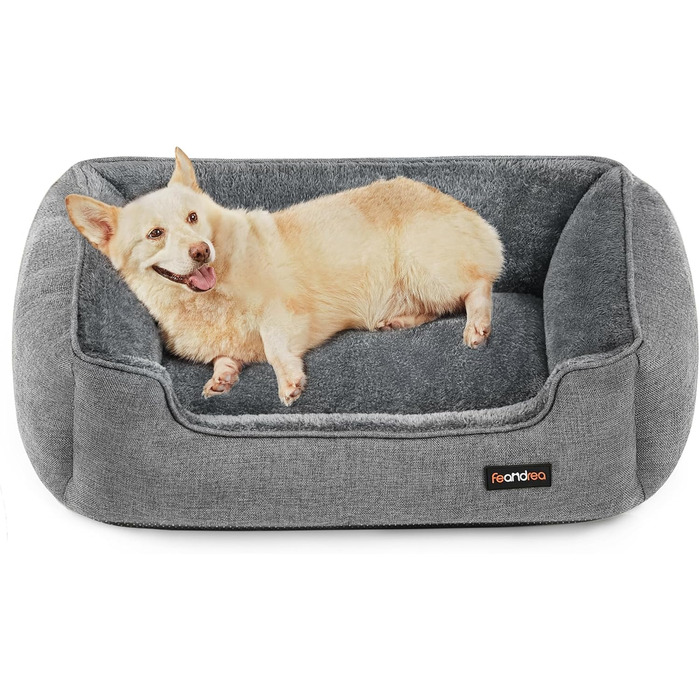 Ліжко для собак Feandrea, м'який лежак для собак з льоновим покриттям, кошик для собак, підняті бортики, неслизьке дно, знімний та пральний чохол, L, для середніх собак, 90 x 75 x 25 см, світло-сірий