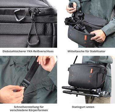 PGYTECH OneMo Sling Camera Bag 7L-9L: Водонепроникна фотосумка на плече для Sony, Canon, Nikon, DJI Mini 4 Pro, Avata 2, Mavic, зі штативом та ноутбуком, чорна