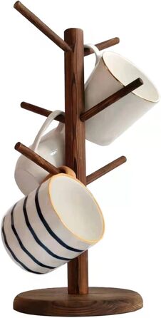 Wooden Mug Holder with 6 Hooks, Countertop Mug Stand, Coffee Bar Accessories & Organizer Station, White (Brown)