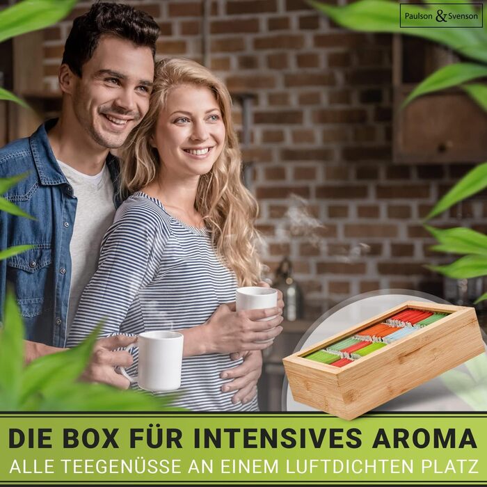 Paulson & Svenson® Sustainable Tea Box with 8 Compartments - Tea Bag Storage Made of Certified Bamboo Wood with Airtight Magnetic Closure and Viewing Window