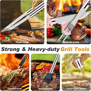 Набір інструментів для грилю ROMANTICIST 31 шт. з нержавіючої сталі, міцний аксесуар для грилю для чоловіків та жінок, набір кухонного приладдя з термометром у алюмінієвому кейсі для відпочинку на природі, кемпінгу, срібний