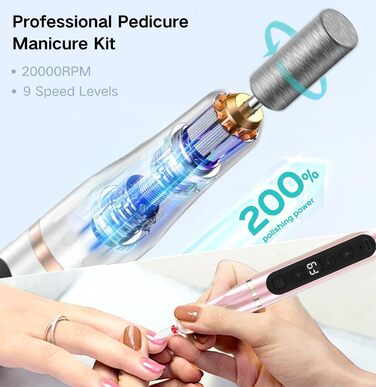 Портативний фрезер для нігтів бездротовий 12 в 1 Професійний електричний набір для манікюру та педикюру USB, перезаряджається, 9 режимів, 20000 об/хв (Рожевий)