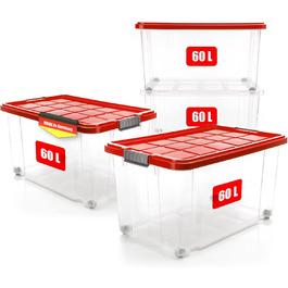 BigDean 4-Piece 60L Storage Box with Lid Large Steel - Stackable, Robust Box, BPA-Free - Rollable Stack Box with Secure Click Closures - Made in Germany (Red Transparent)