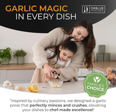 ORBLUE Прес для часнику з нержавіючої сталі червоний – Преміум прес для часнику та тертка для часнику – Прес для часнику з силіконовим очищувачем та щіткою, міцний, ергономічний та придатний для миття в посудомийній машині