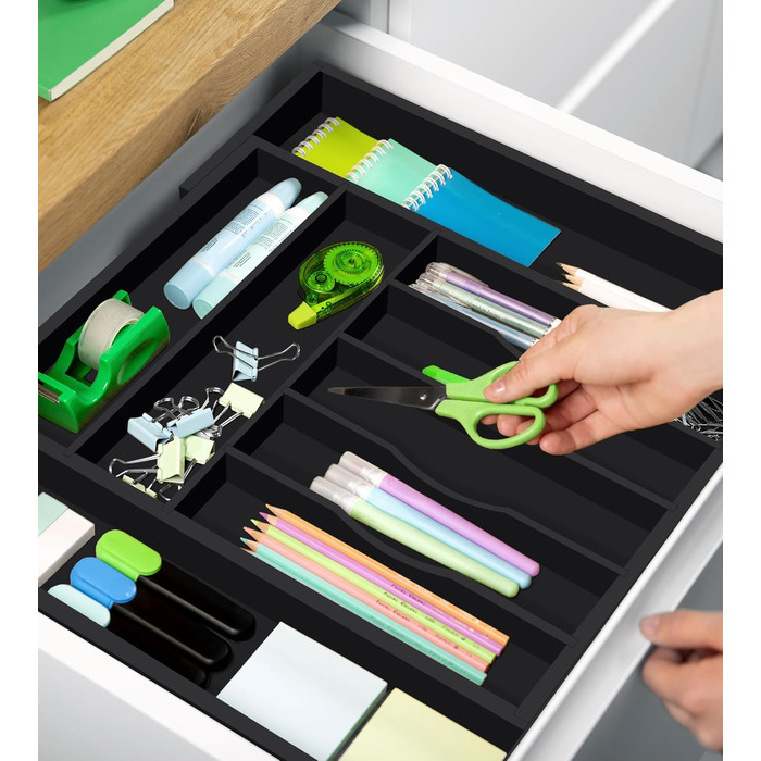 Органайзер для столових приборів ROYAL CRAFT WOOD з бамбука (9 секцій, чорний) - Роздільник для ящиків, тримач для кухонного приладдя