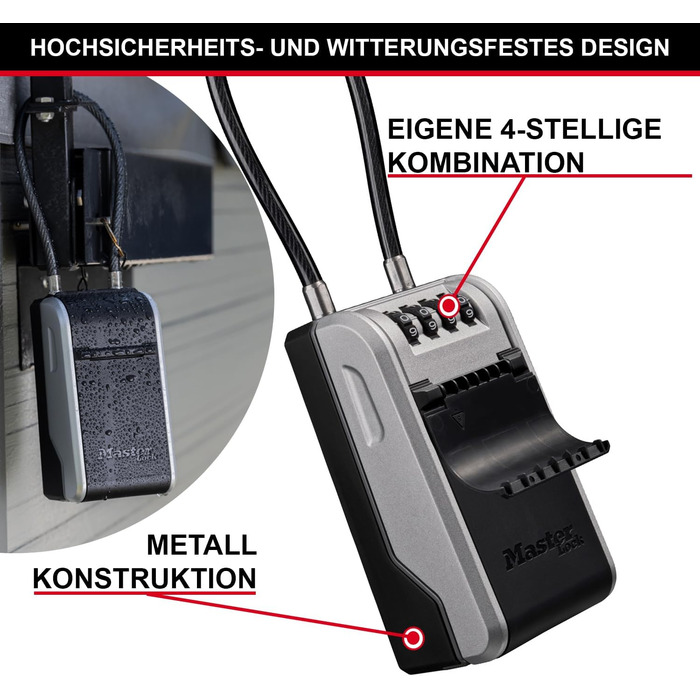 Master Lock Outdoor Key Safe Wall Mount - XL with Cable Lock - 11.9 x 8.5 x 3.6 cm