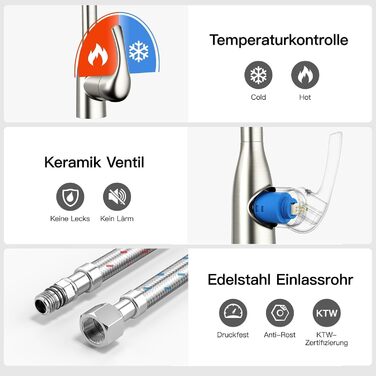 Кухонний змішувач Rainsworth з висувною лійкою та душем, високопродуктивний, з двома типами струменя, поворотний на 360°, з нержавіючої сталі, проста установка, висота 56 см