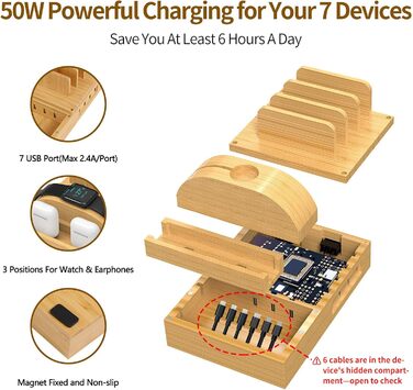 Багатофункціональна заряджна станція 5-в-1 з бездротовою зарядкою, світлом та годинником, бамбук, сумісна з годинниками, AirPods, Samsung Galaxy та іншими пристроями