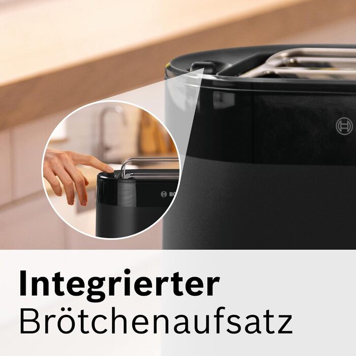 Bosch Compact Toaster MyMoment TAT2M123, integrated bagel attachment, with defrost function, with automatic shut-off, lift function, bread centering, perfect for 2 slices, 800 watts, matte black. Bagel attachment integrated, black.