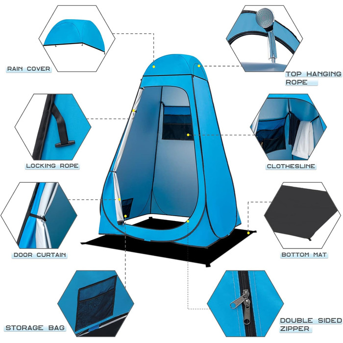Намет для душу Brian & Dany, намет для туалету Pop Up, переносний роздягальня з захистом від дощу та вікнами, намет-роздягальня для відпочинку на природі, UPF 50+ водонепроникний, 120 x 120 x 190 см, блакитний