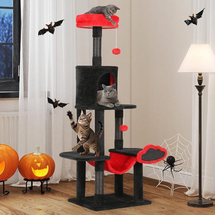 Котячий комплекс YITAHOME XXL, 142 см, з 8 стовпчиками сизалю, 3 платформами, 2 хованками, гамаком, іграшками, чорно-червоний