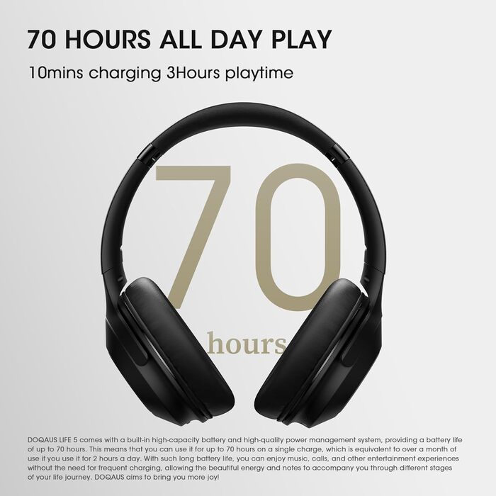 DOQAUS Бездротові Bluetooth навушники з мікрофоном, 70 годин роботи, Bluetooth 5.3, Over-Ear, 3 режими EQ, HiFi, складна конструкція, для (Чорний)