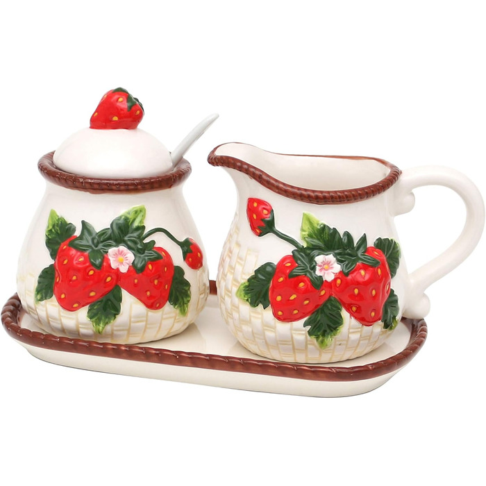 Dolomite sugar bowl with spoon, milk jug, and plate as a 3-piece set, with strawberry relief, size approx. 19 x 10.5 cm, 12