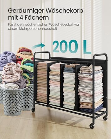 SONGMICS Laundry Basket with Wheels, Laundry Sorter with 4 Compartments, 200 L Laundry Sorter, Mobile Laundry Cart, 5 Labels, for Laundry Room, Bedroom, Bathroom, Ink Black RLS460B01