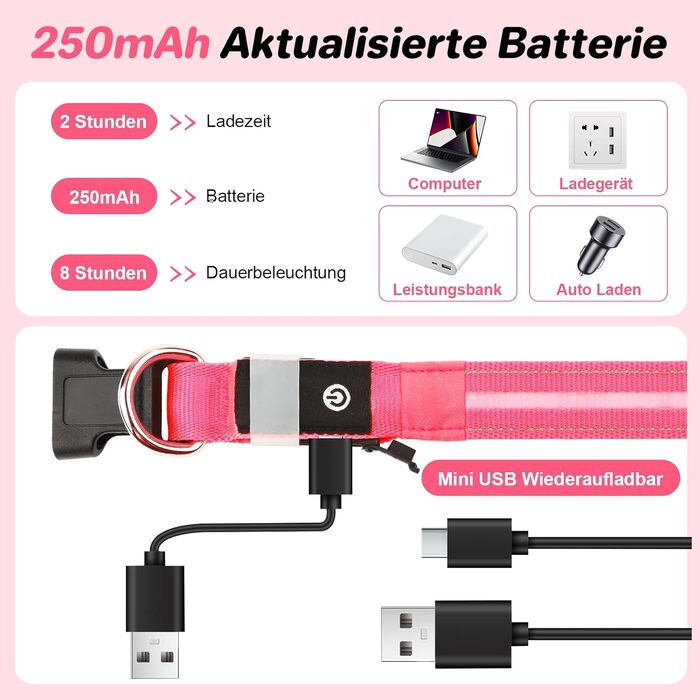 Світлодіодне нашийник для собак Feycig - USB, водонепроникний, 3 режими, регульований, для малих, середніх та великих собак (Рожевий, L(48-60см))