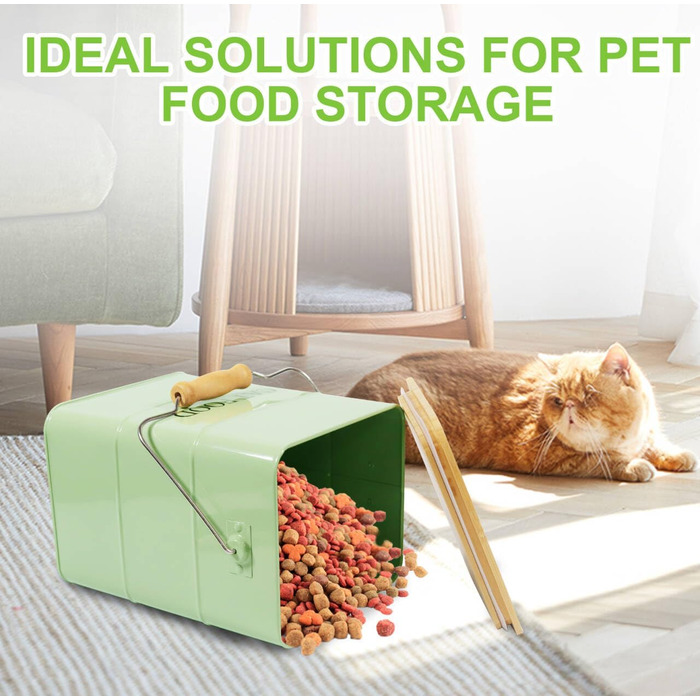 Металева коробка для котячого корму Geyecete з дерев'яним кришкою, 6L, зелена