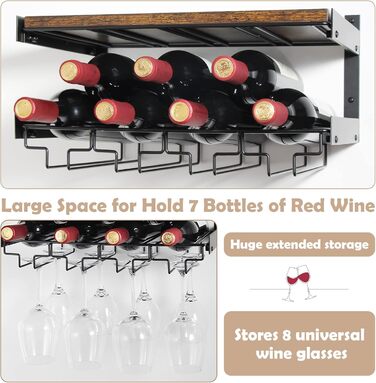 B4Life Wall Mounted Wine Racks, Stemware Holder Wall Mount with Stemware Hangers Modern Wine Display Storage Holder for Kitchen Dining Room Bar - Holds 8 x Glasses and 7 x Wine Bottles