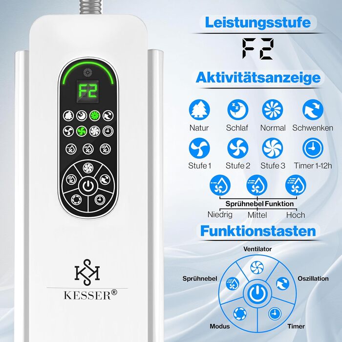 Настільний вентилятор KESSER Frosty з водяним охолодженням та ультразвуковим зволожувачем, з пультом ДУ та таймером, білий