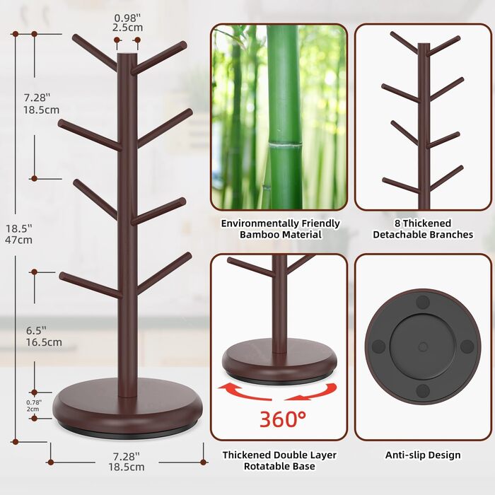 BAMBANG Bamboo Coffee Mug Tree, Swivel Coffee Mug Holder for Countertop, Coffee Mug Shelf with 8 Hooks, Coffee Mug Organizer, Coffee Mug Hanger for Coffee Bar, (Espresso)