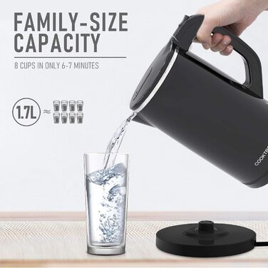 Електричний чайник Cooktron з нержавіючої сталі, 1.7л, тихий (<30дБ), без BPA, Cool Touch, подвійні стінки, швидке нагрівання, чорний