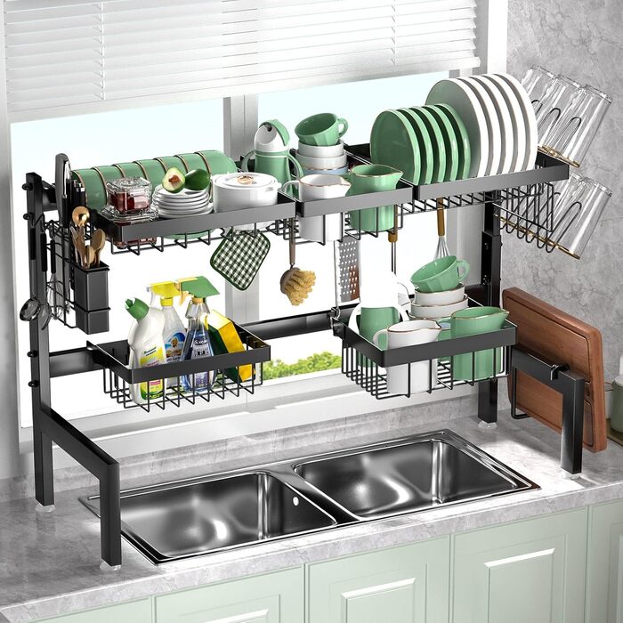 Регульована сушилка для посуду на 2 яруси, 66-85 см, чорна, з 4 кошиками для столових приборів та тримачем для напоїв