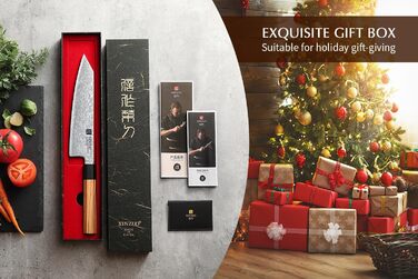 Японський ніж Kiritsuke XINZUO з дамаської сталі, 21.5 см, Gyuto, ручка з оливкового дерева та чорного рогу буйвола, ручна робота, з піхвою