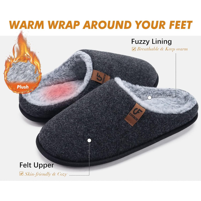 Тапочки чоловічі COFACE з фетру, теплі, зручні, з плюшем, антиковзка гумова підошва, для дому та вулиці, розмір 40-49, чорний, 43 EU