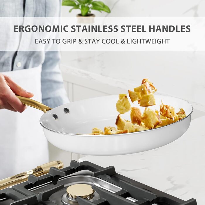 Набір посуду RIOVARM з нержавіючої сталі з антипригарним покриттям, 10 предметів. Набір каструль, сковорідок, сотейників та соусниць з лопаткою. Білий посуд для кухні.