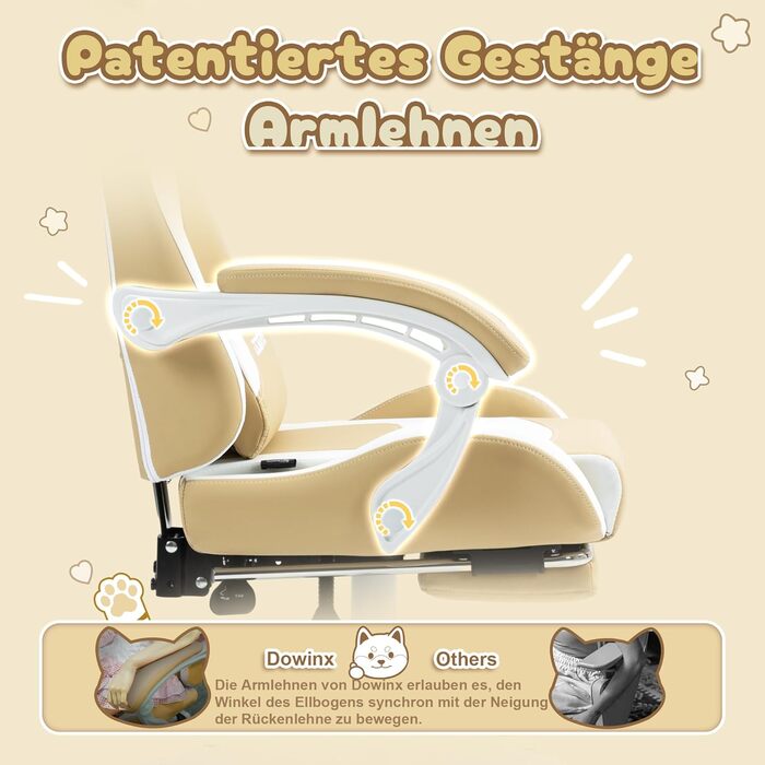 Ігровий крісло Dowinx з вушками для дівчаток, ергономічний геймерське крісло з масажем, регульованою підніжкою та підголівником, коричневе, до 135 кг