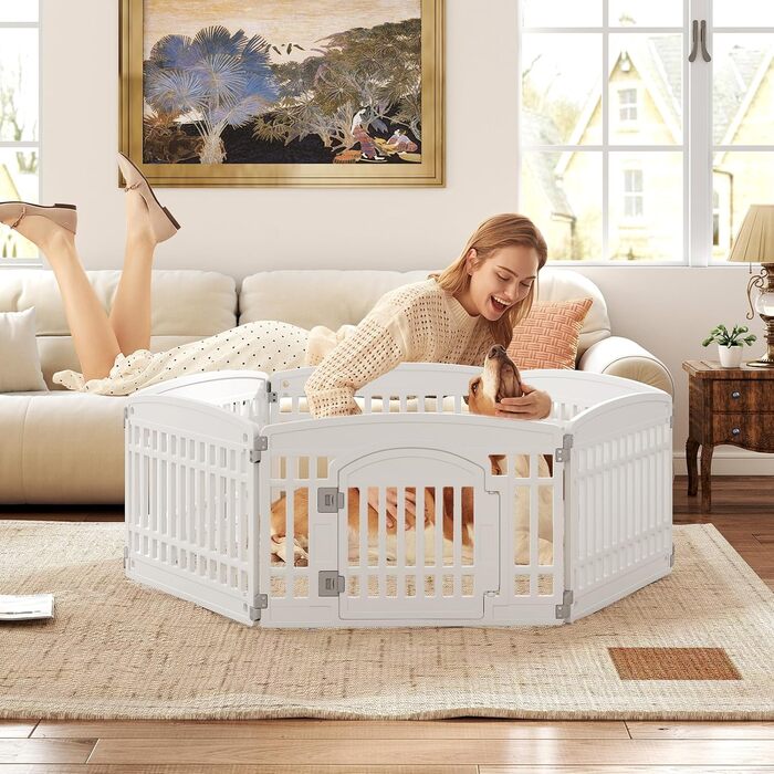 Клітка для цуценят GYMAX 60/75 см, 6 панелей, з замком та кріпленням для підлоги, для дому та вулиці, біла