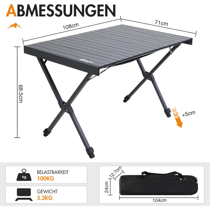 Складний кемпінговий стіл PORTAL алюмінієвий, регульована висота, 108x71 см, чорний - для пікніка, саду, подорожей
