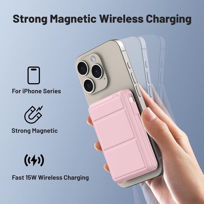 Power Bank Azmuth для iPhone з MagSafe, 10000mAh, бездротова зарядка, LED дисплей, білий (рожевий)