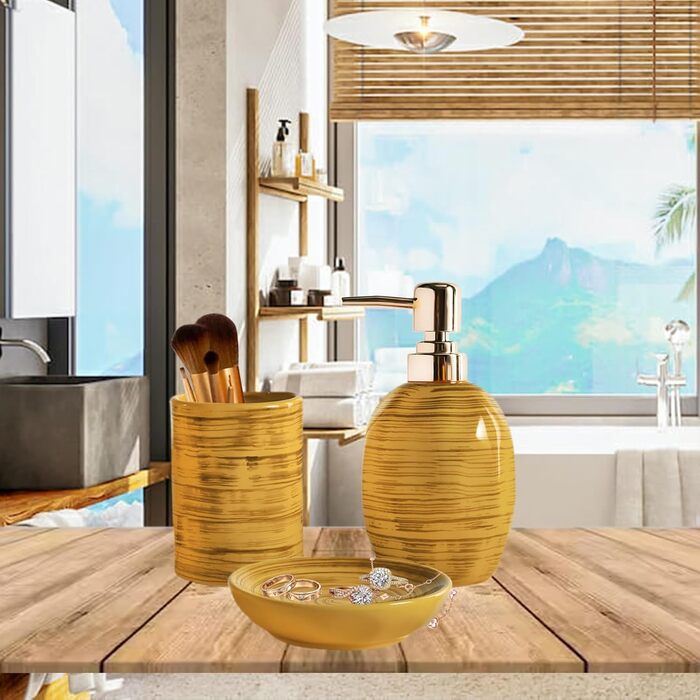 Набір для ванної кімнати на 3 частини, органайзер для ванної з кераміки - тримач для зубних щіток, дозатор мила, мильниця, стильна декор у стилі бохо, аксесуари для ванної кімнати (текстура мармуру, колір Drum-Yellow)
