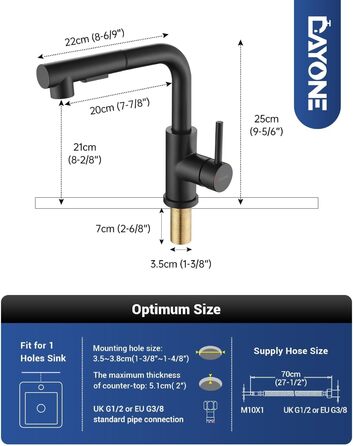 Чорна кухонна змішувач DAYONE з висувною лійкою, 360° обертання, модель G6808mb
