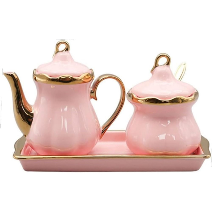 Ceramic Milk Pitcher and Sugar Bowl Set, Sugar Container, Milk Canister with Tray, Spice Jar with Lid and Spoon, Creamer, Coffee Service Set for Home, Cafe, Bar (Pink)