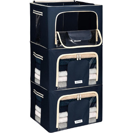 Durable Foldable Clothes Storage Box with Zipper, Metal Frame - [2024 IMPROVED MATERIAL] Duvet Storage Bag – Sturdy Clothes Storage Box (Blue, 3x66L)