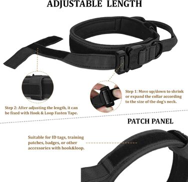 Тактичний нашийник для собак з ручкою та поводок, військовий стиль, м'яке наповнення, нейлон, регульований, середні та великі породи, чорний XL