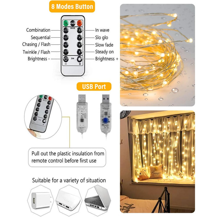 Ланцюжок-завіса світлодіодна 3x3м, 300 LED, USB, 8 режимів, пульт, IP65, тепле світло, для декору, свята, вечірки