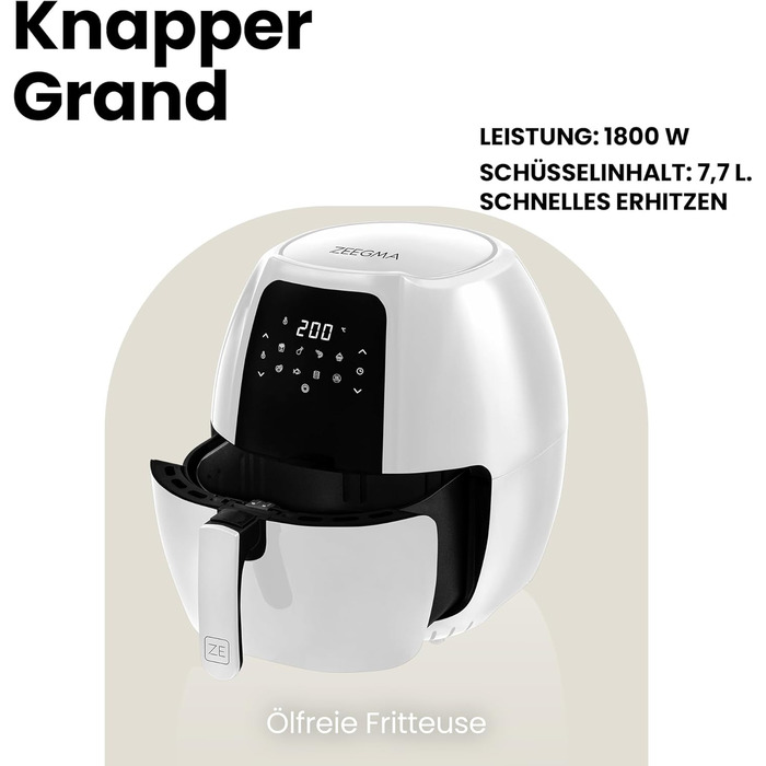 Фритюрниця без олії ZEEGMA KNAPPER GRAND 1700 Вт, 2 відсіки, 9 л, таймер 60 хв, 11 програм, 60-200°C, швидкий нагрів, сенсорне керування, білий колір