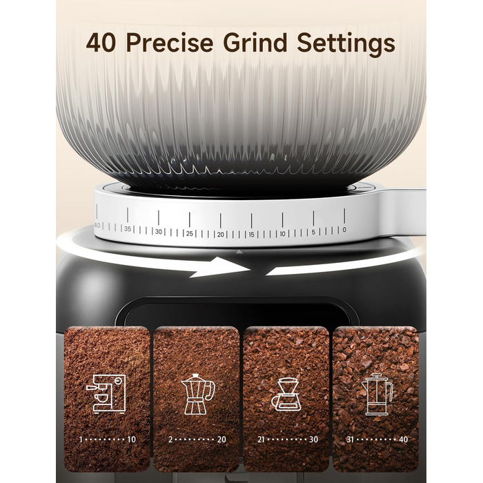 Професійна кавомолка Neretva з прецизійними жорнами, 40 штук. Електрична кавомолка з рівномірним помелом, антистатична, без залишків. Підходить для еспресо, фільтр-кави, френч-пресу, мока-кави. Сріблястий колір.