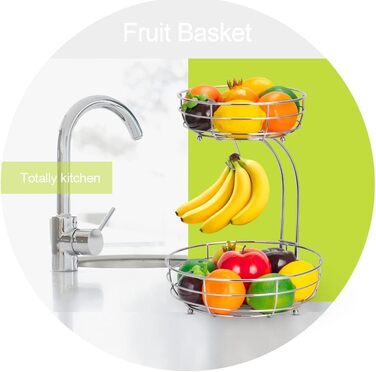 Металева фруктова корзина Bomclap з підставкою для бананів - 2 яруси. Сучасна фруктова корзина для кухні. Декоративна корзина для овочів та фруктів (срібна)