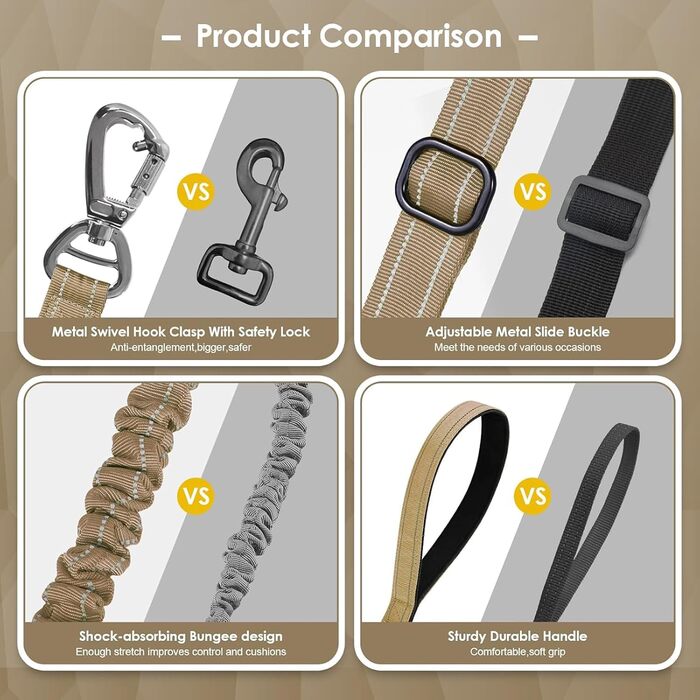 Тактична повідок для собак AUBELL, міцна, світловідбиваюча, без натягу, з амортизатором, для середніх та великих собак, з зручним двошаровим ручним захопленням, автомобільний ремінь безпеки, обертання на 360°, зелений (4-6 футів, коричневий)