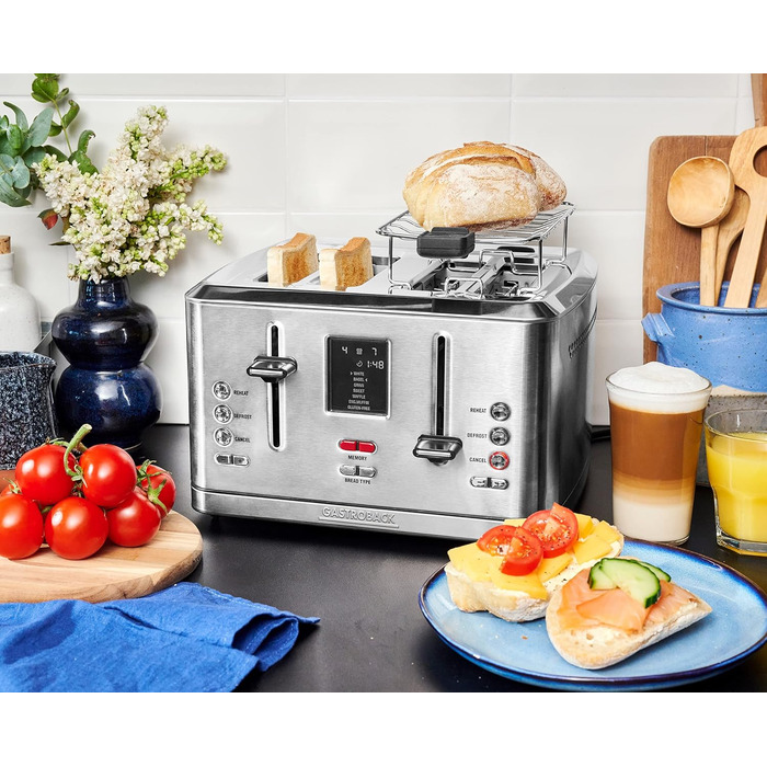 Тостер GASTROBACK 42396 Digital 4-слайсовий, 950 Вт, нерж. сталь, LCD-дисплей, 7 режимів, підставка для булочок, сріблястий