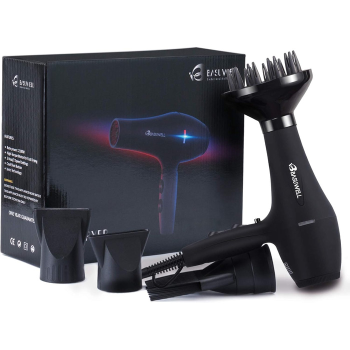 Фен Basuwell Ionen Pro 2100W з дифузором: потужний, тихий, для салону краси, інфрачервоний, 3 режими, 2 швидкості, чорний