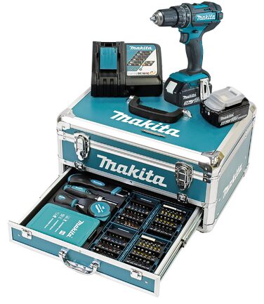 Ударний дриль-шуруповерт Makita DHP482RFX9 18V, 3.0 Ah, 2 акумулятори + зарядний пристрій в алюмінієвому кейсі, Petrol, комплект з 96 аксесуарів