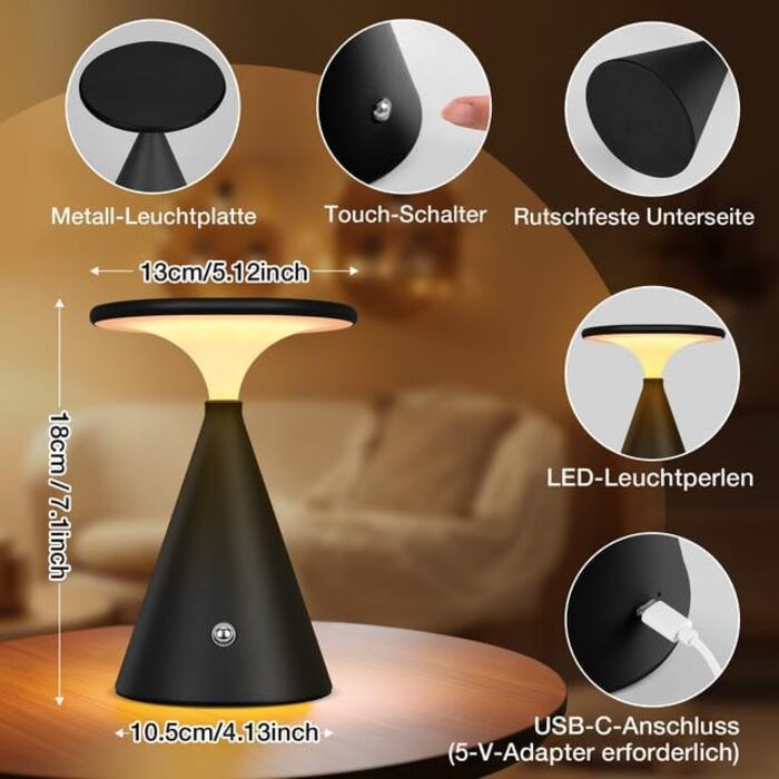 Світлодіодна настільна лампа бездротова LED акумуляторна, димуєма, 4000mAh, для приміщення та вулиці, сенсорна, 3 кольори, регульована яскравість, стильна (1 шт., чорна)