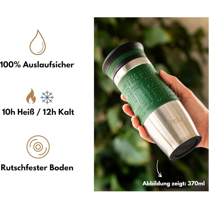 Термокружка Milu для кави з собою 370 мл, 450 мл, з подвійними стінками, з нержавіючої сталі, 100% захист від протікання, для автомобіля, travel mug (оливковий, 370 мл)